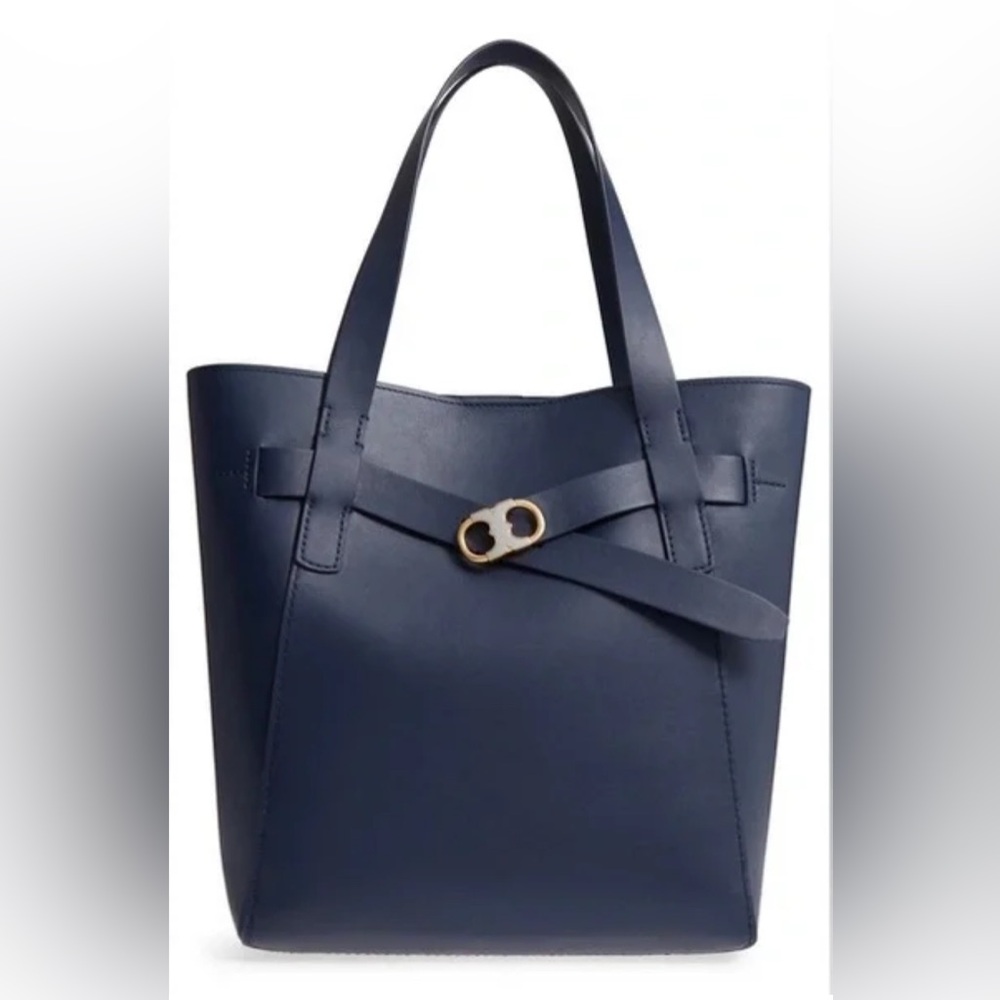 Tory Burch Leather Gemini Bag Navy Blue 12.5 x 14.5